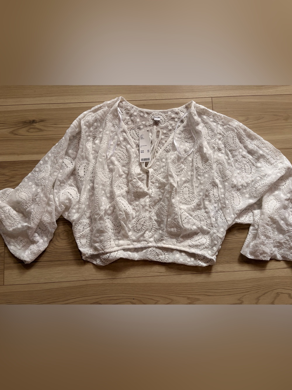 White Eyelet Lace Tie-Neck Blouse